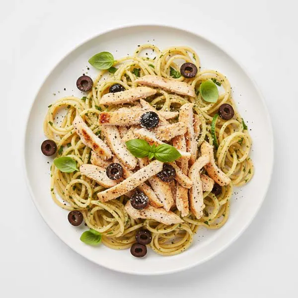 Parmesan Basil Olive Chicken With Herb Spaghetti